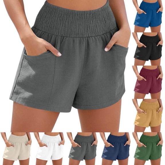 Smsaxvxz Womens Cotton Linen Shorts Fashion Solid Stretchy Waist Casual Loose Summer Shorts Gray 3XL