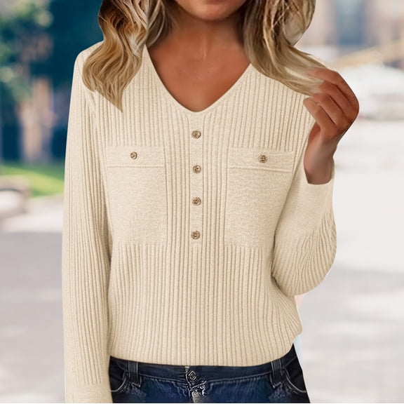 Women's V-Neck Sweater with Rhinestone Buttons, Soft Wool Blend Knit Pullover with Low Cut Design, Elegant Dressy Casual Top for Layering, Comfortable Stretchable Base Layer for Daily Wear Beige L