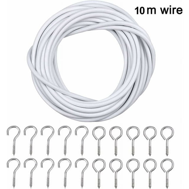 Ensemble de Câbles pour Rideaux Blancs de 10 m Comprenant un Fil d'Acier Blanc Enroulé Enduit de Plastique, 20 Crochets à Vis et 20 Boulons à Oeil. Convient aux Tringles à Rideaux, à la Suspension de Photos et aux Présentations Décoratives. le Fil Peut Être Coupé sur Mesure pour Diverses dimensions de Fenêtre et Est Conçu pour la Durabilité et une installation Facile.