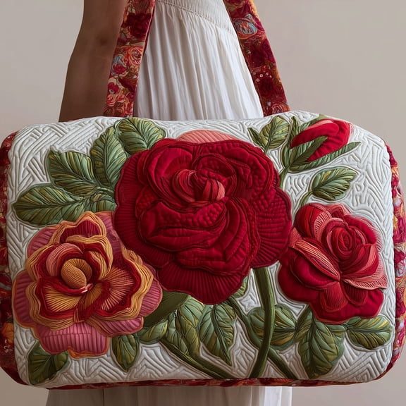 Roses Quilted Duffle Bag, Quited Travel Tote Bag, Quited Weekender Travel Bag, Carry On Duffle