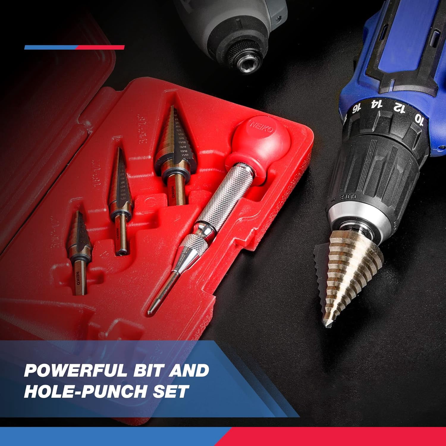 Neiko 10169A Step Drill Bit Set and Automatic Center Punch | 5 Piece, 41 SAE Sizes Total, 1/8” – 1-3/8” | Titanium High Speed Steel Unibit, Stepper Cone Drill Bit | Two Flute Step Down Bits