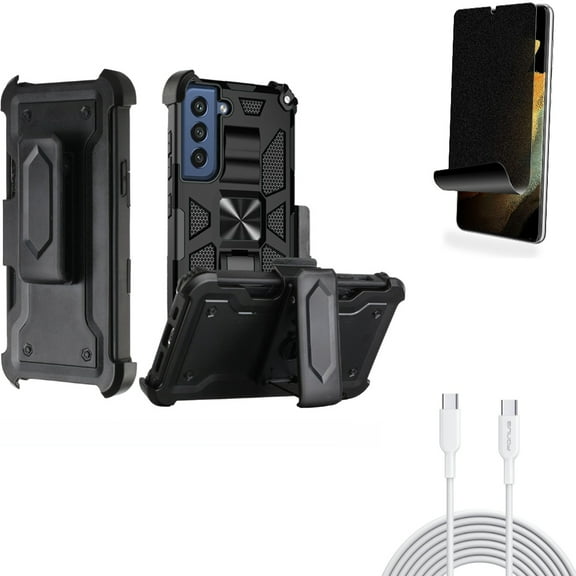 Privacy Screen Protector & Case Belt Clip & 6ft Long Type-C Cable for Samsung Galaxy S22 Plus (S22 ) - Combo TPU Film (Fingerprint Works) Anti-Peep & Holster Swivel Cover & PD Fast Charger Cord Power
