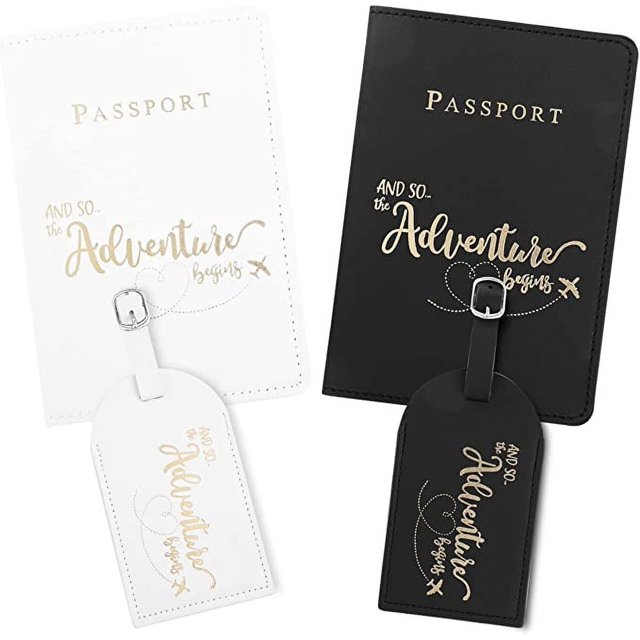 2 estuches para pasaporte y 2 etiquetas de equipaje (blanco y negro), estuche para pasaporte de cuero de PU, estuche para billetera de viaje, pasaporte, tarjeta de crédito, tarjeta de presentación, o