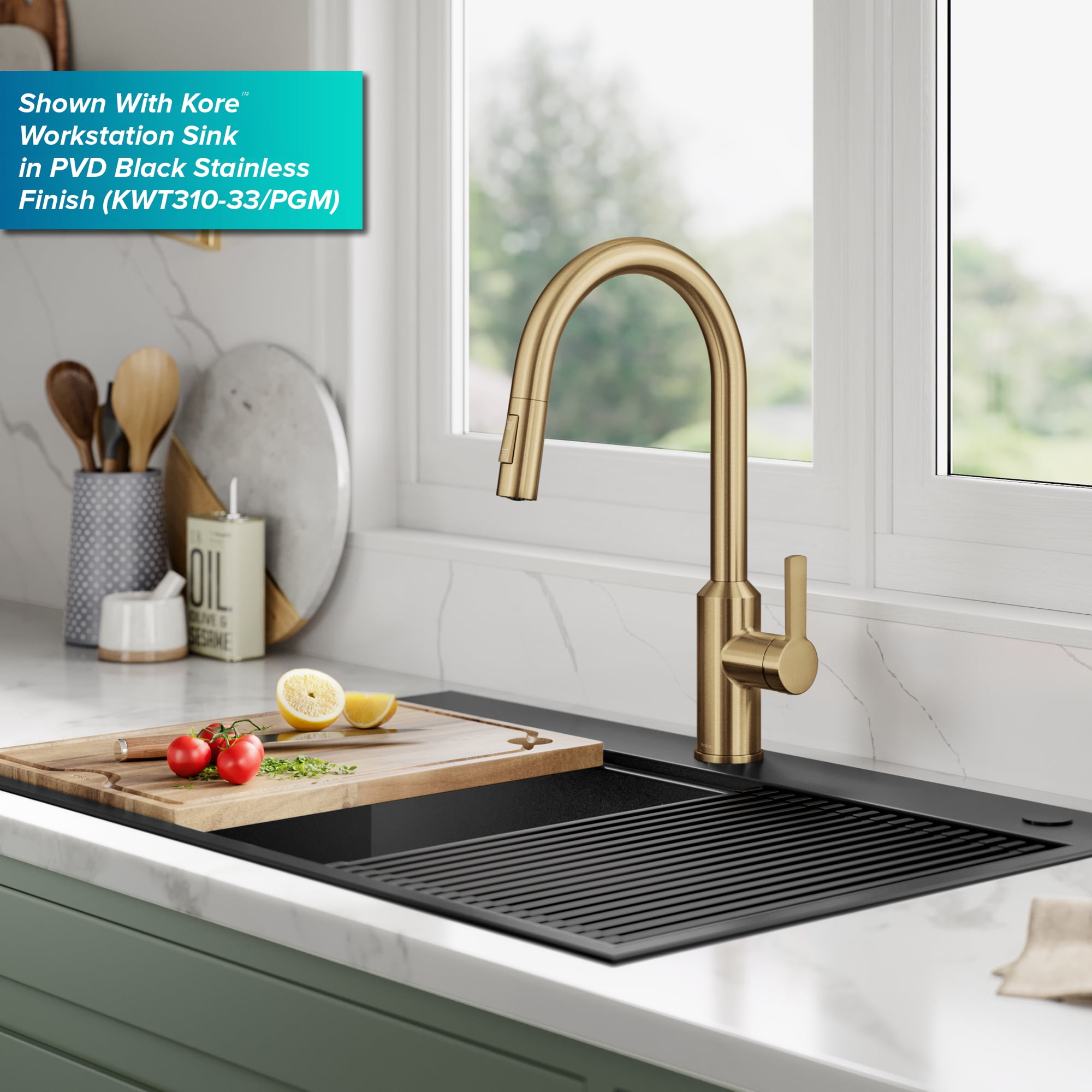 KRAUS Oletto Touchless Sensor Pull-Down Single Handle Kitchen Faucet in Brushed Brass