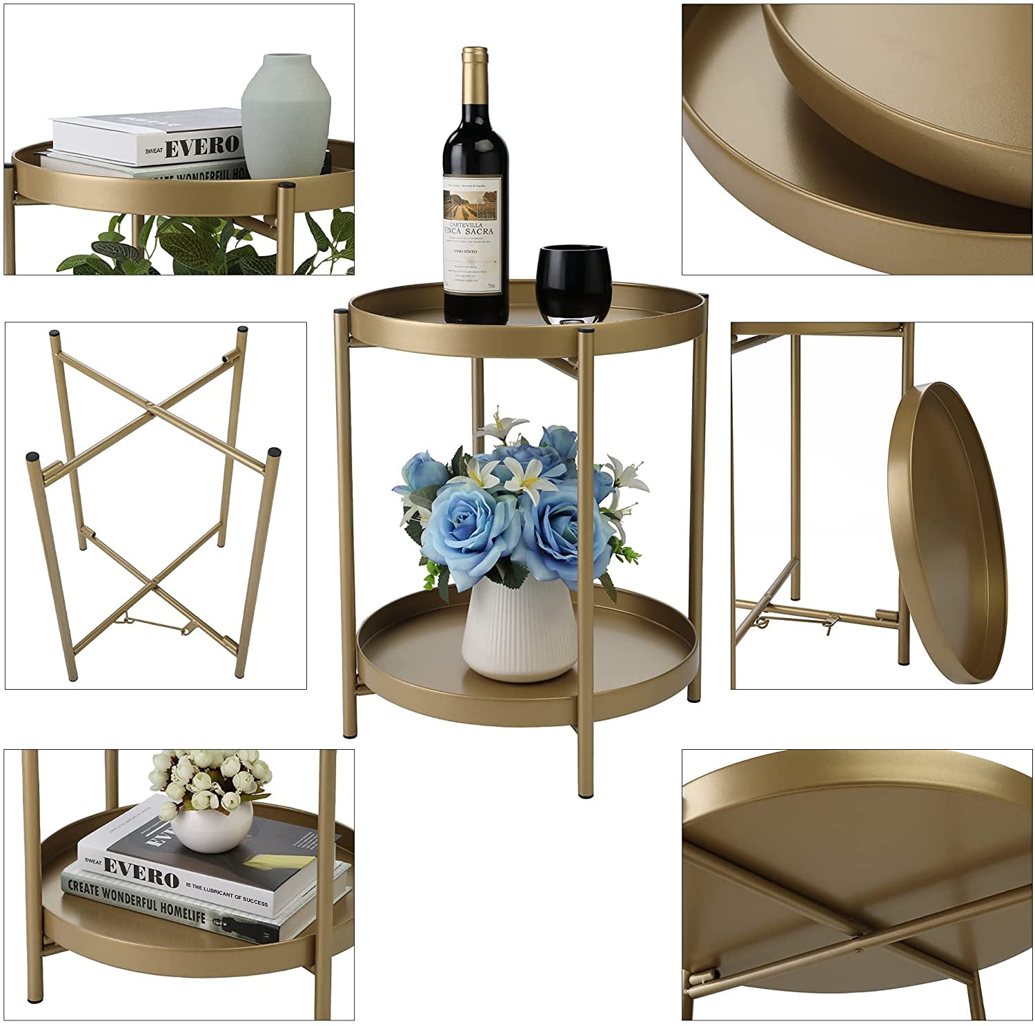 2-Tier Tray End Table, Round Metal Side Table, Folding Accent Coffee Table for Home and Kitchen, Gold