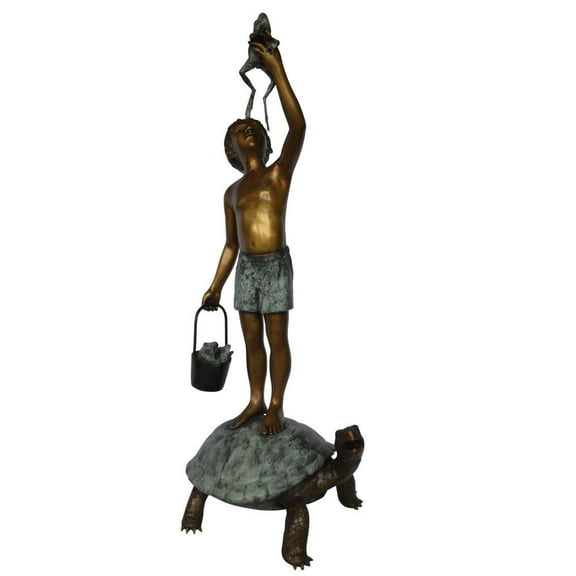 Boy on turtle holding frog bronze fountain statue -  Size: 24"L x 18"W x 55"H.