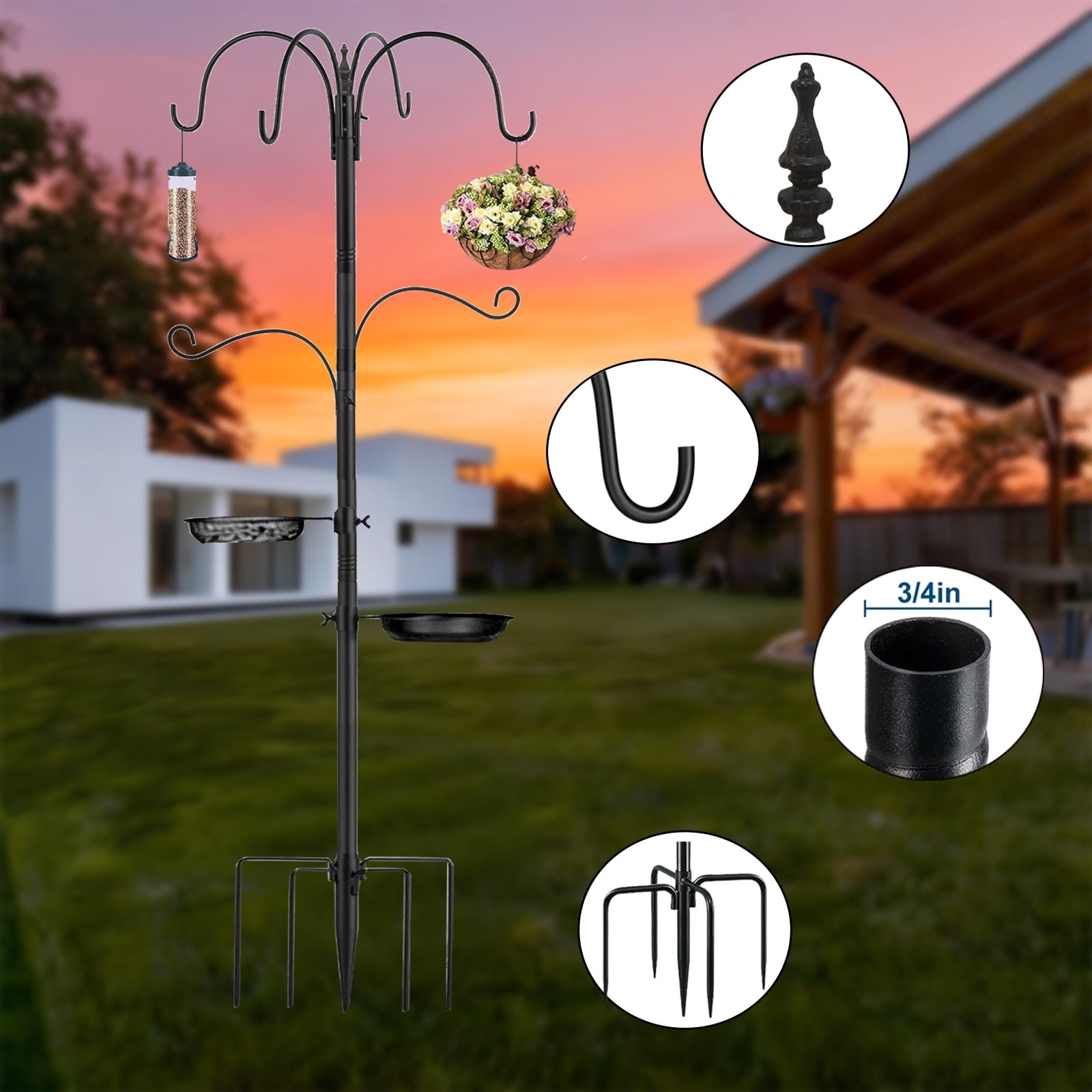6-Hook Bird Feeding Station Kit Wild Bird Feeder Stand Pole, Multi-Feeder Hanging Kit Stand with Water Bowl, Mesh Tray, 88 Inch