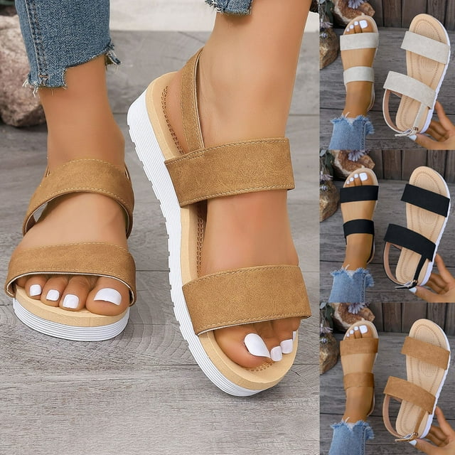 Gspmoly Sandales pour Femmes, Mode Décontractée pour Femmes Printemps et Été Nouvelles Sandales Compensées à Bout Rond Ouvert de Couleur Unie Sandales pour Femmes Noir 36