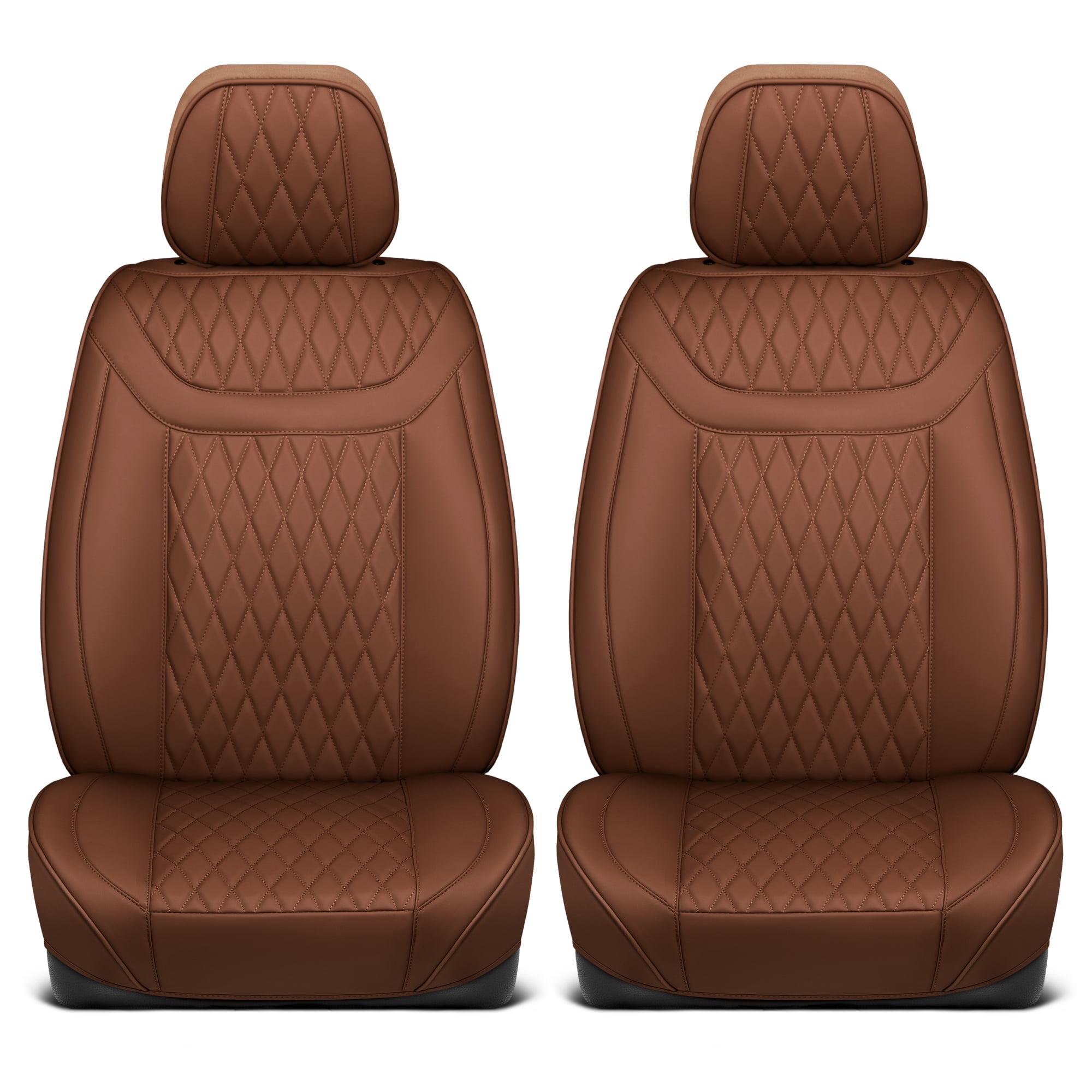 MotorBox Car Seat Covers - Ranch Leatherette Faux Leather Brown Seat Covers for Car - Diamond Stitched Cushioned Interior Protectors for Automotive Accessories, Trucks, SUV, Cars - Two Front Covers