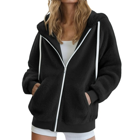 iHPH7 Fleece Jacket Women Teddy Jacket Women Sherpa Jacket Women Teddy Coat for Women Winter Jackets for Women Womens Fleece Zip Up Jacket Fleece Hoodie Black L