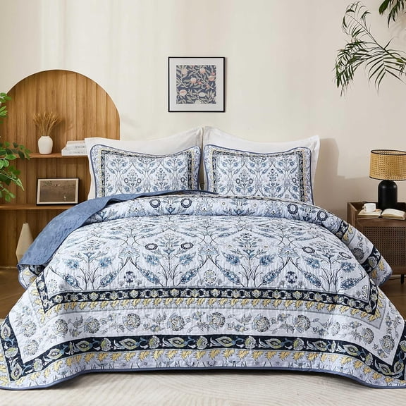 Queen Size Quilt Sets, Navy Blue Floral Quilt Set Queen 3 Pieces Boho Bedspread Coverlet Set with 2 Pillowcases Soft Lightweight Microfiber Bedding for All Season (96"x90")
