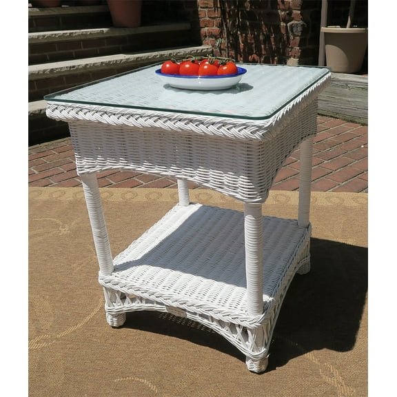 White Vineyard Wicker End Table with Glass Top