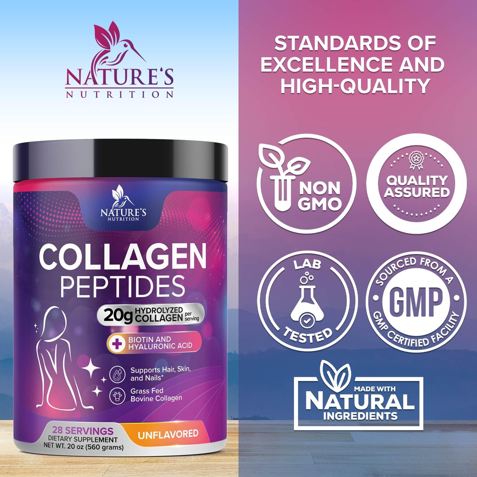 Collagen Peptides Powder - Hydrolyzed Type 1 & 3 Collagen Peptides 20g per Serving with Hyaluronic Acid & Biotin - Vital Nail, Skin & Joint Support - No Sugar, Unflavored, Bottled in USA, 28 Servings