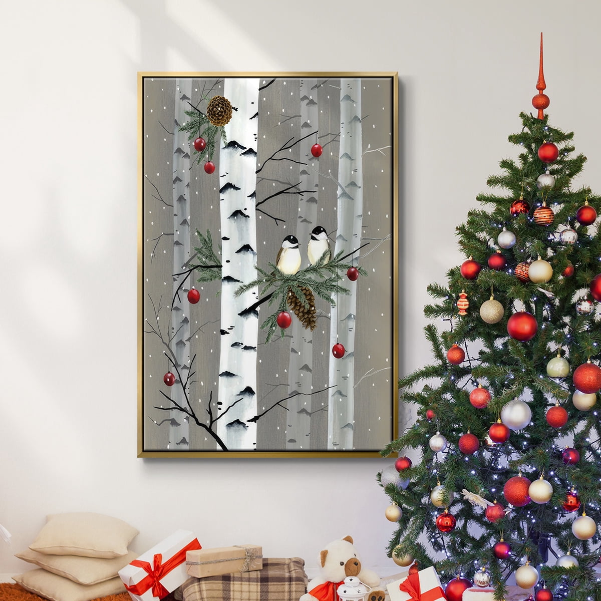 Birch Birds I - Framed Gallery Wrapped Holiday Canvas - 27 x 41 - Gold Frame