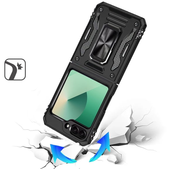 XPM for Samsung Galaxy Z Flip 7 Phone Case, Tough Hybrid Case with Movable Camera Window & Metal Ring Stand Shockproof Cover for Galaxy Z Flip 7 (Black)