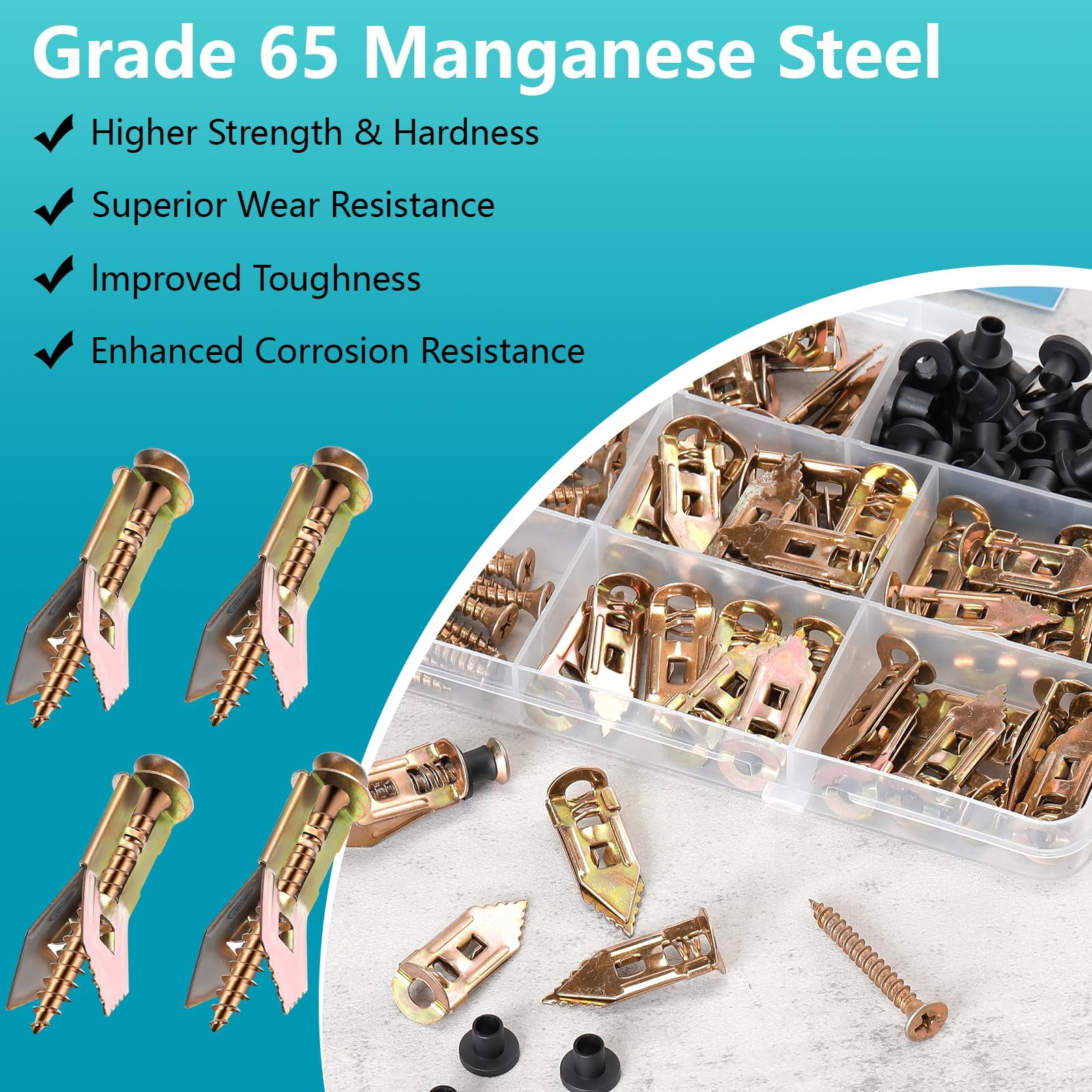 100Pcs Upgraded Self Drilling Drywall Anchors with Screws Kit(50 Manganese Sheetrock Anchors (0.47X1.18inch), 50 Zinc Plated Screws, 50 Wahser), Metal Expansion Anchors for Wall Decors, No Drill Hole