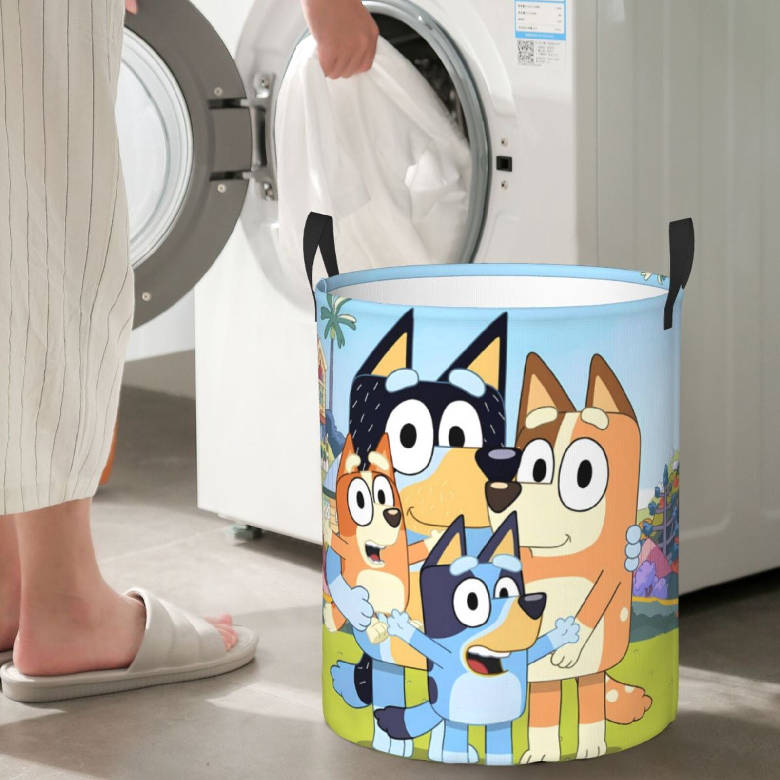 Silaia Bluey Print Round Laundry Clothes Hamper,Laundry Basket with Handles,Baby Toys Storage Organizer,Bins Laundry Basket for Bathroom, Bedroom Decorate-Medium