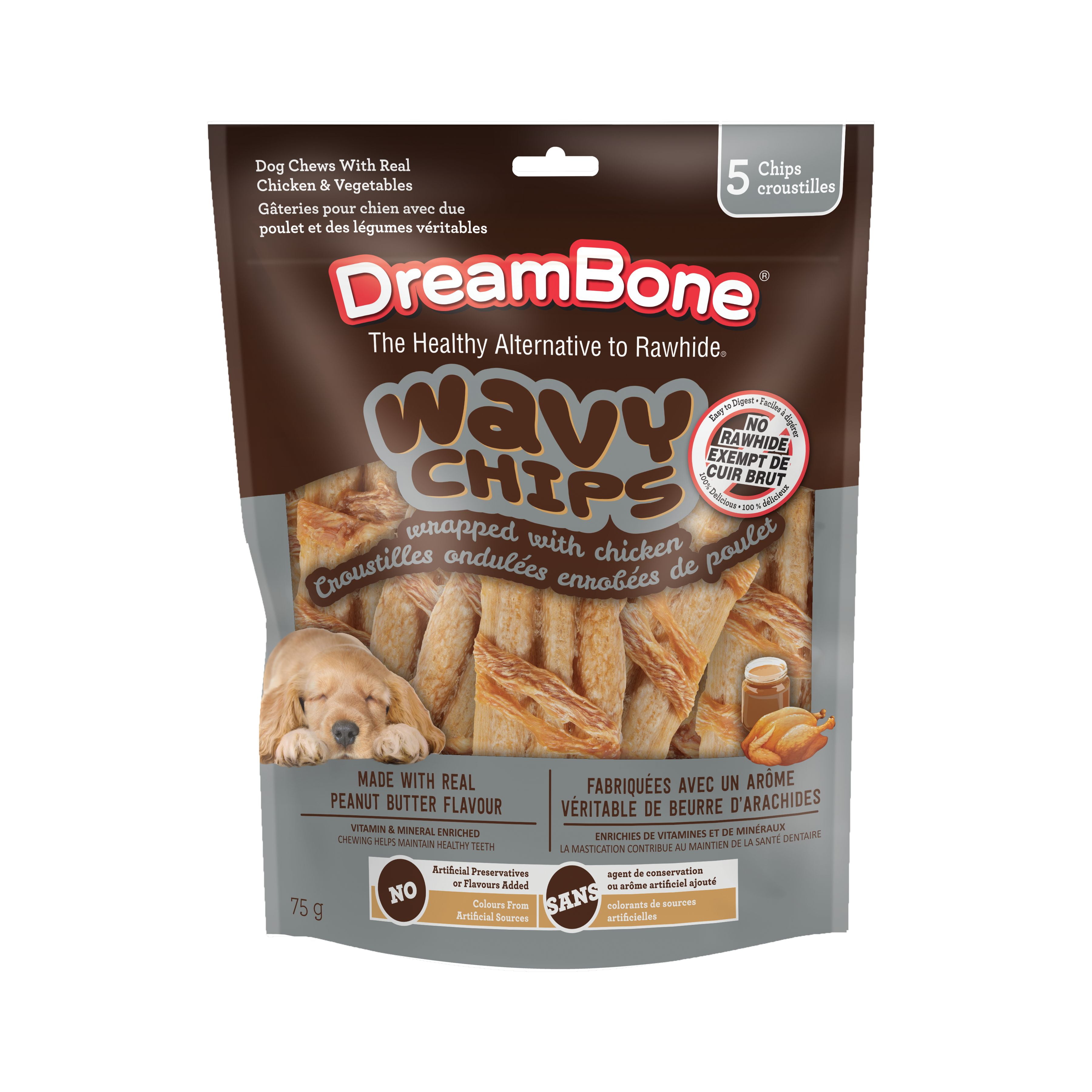 DreamBone Wavy Chips Wrapped with Chicken and Made with Real Peanut Butter Flavour, 5 Count, Treat Your Dog to a Delicious Rawhide-Free Chew, For All Dogs, DreamBone Chicken Wrapped Wavy Peanut Butter Chips 5ct, 75g