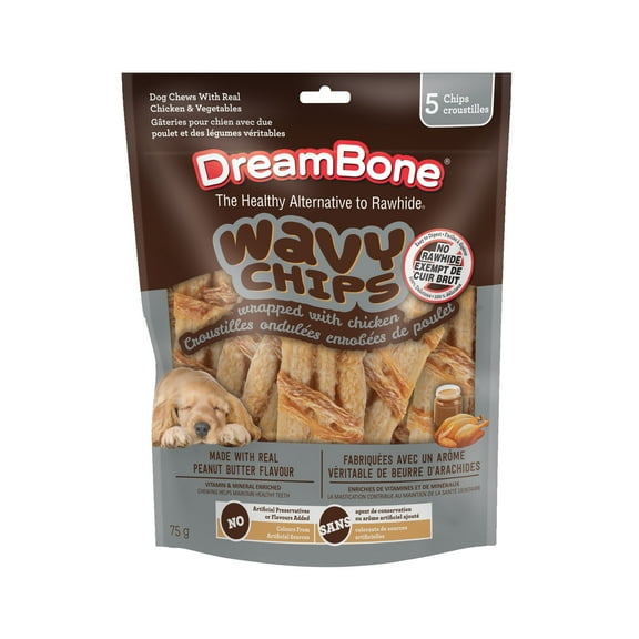 DreamBone Wavy Chips Wrapped with Chicken and Made with Real Peanut Butter Flavour, 5 Count, Treat Your Dog to a Delicious Rawhide-Free Chew, For All Dogs