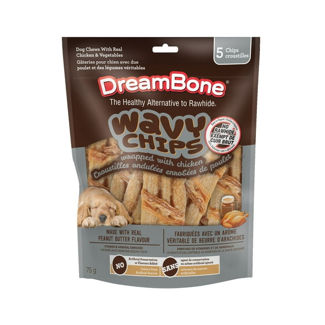 DreamBone Wavy Chips Wrapped with Chicken and Made with Real Peanut Butter Flavour, 5 Count, Treat Your Dog to a Delicious Rawhide-Free Chew, For All Dogs