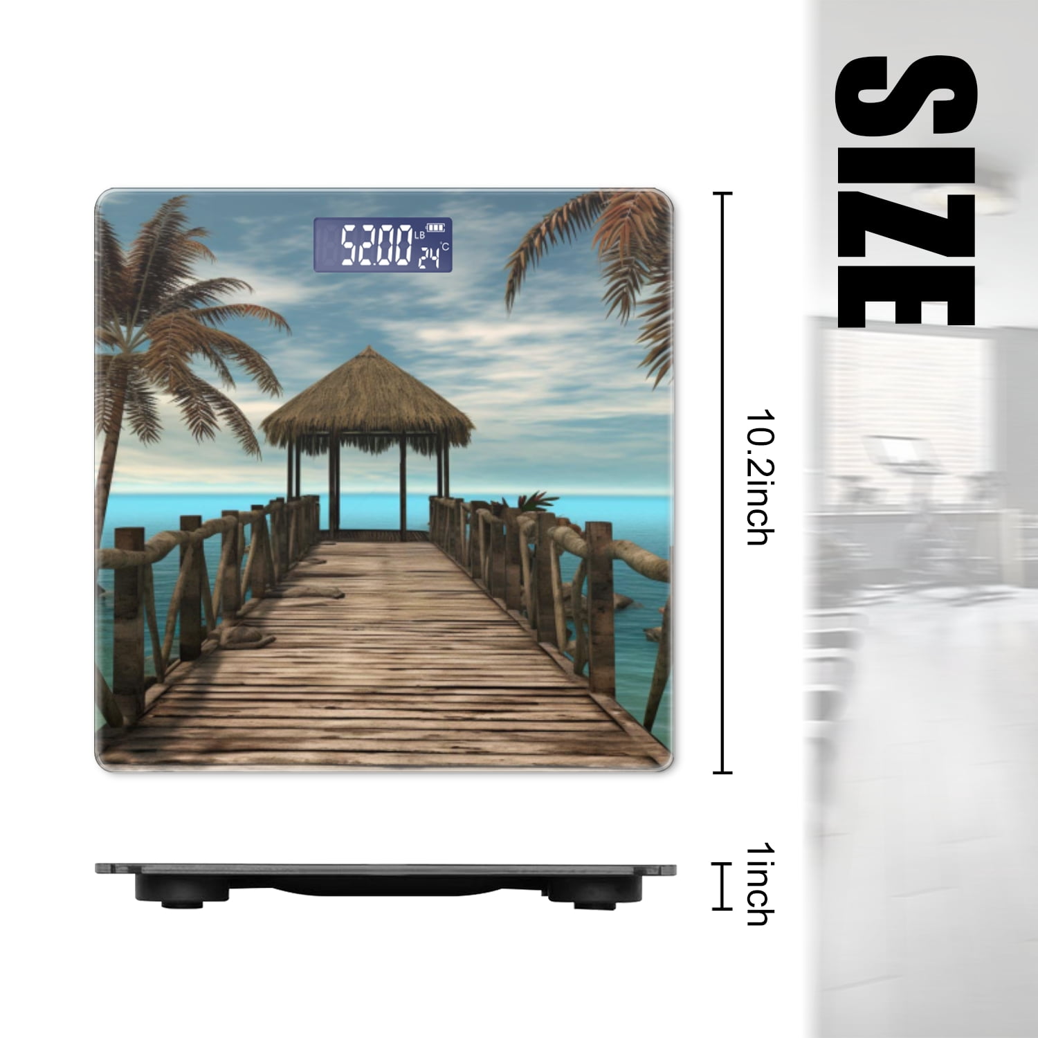 Bathroom Scale, Highly Accurate Digital Body Scale,Precisely Measures Weight up to 400 lbs-Wooden Pier With Palm Trees And Thatched Roof