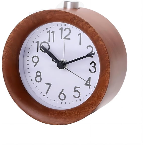 CATPAN Round Wooden Alarm Clock, Analog Non Ticking Silent with Arabic Numerals Night Light Snooze Function Battery Operated Easy to Set for Desktop Bedroom Bedside (Brown)