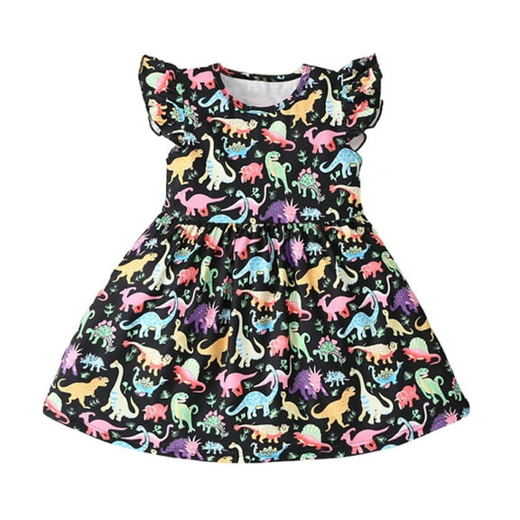 Penkiiy Toddler Baby Girls Cute Summer Dinosaur Print Multicolor Flying Sleeves Dress Dresses for Toddler Girls 2-3 Years Black On Sale