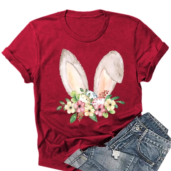 WNEGSTG Easter T Shirts for Women, Short Sleeve Crewneck Bunny Print Graphic Tee, Floral Round Neck Top, Red XL