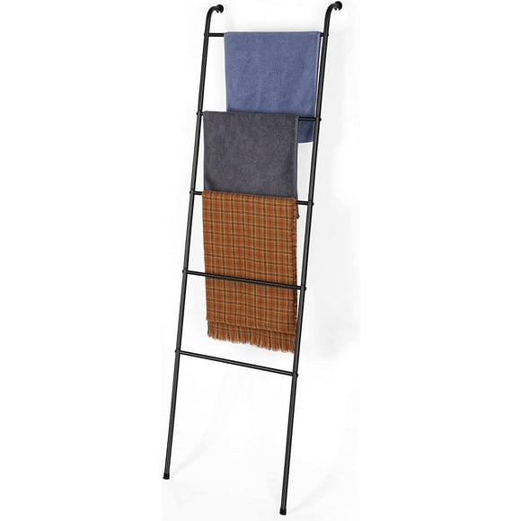 wqlpp-Towel Ladder for Blankets Wall Leaning Blanket Ladder Decorative Towel Rack 5 Tier Blanket Shelf for Living Room, Bathroom, Laundry Room, Black
