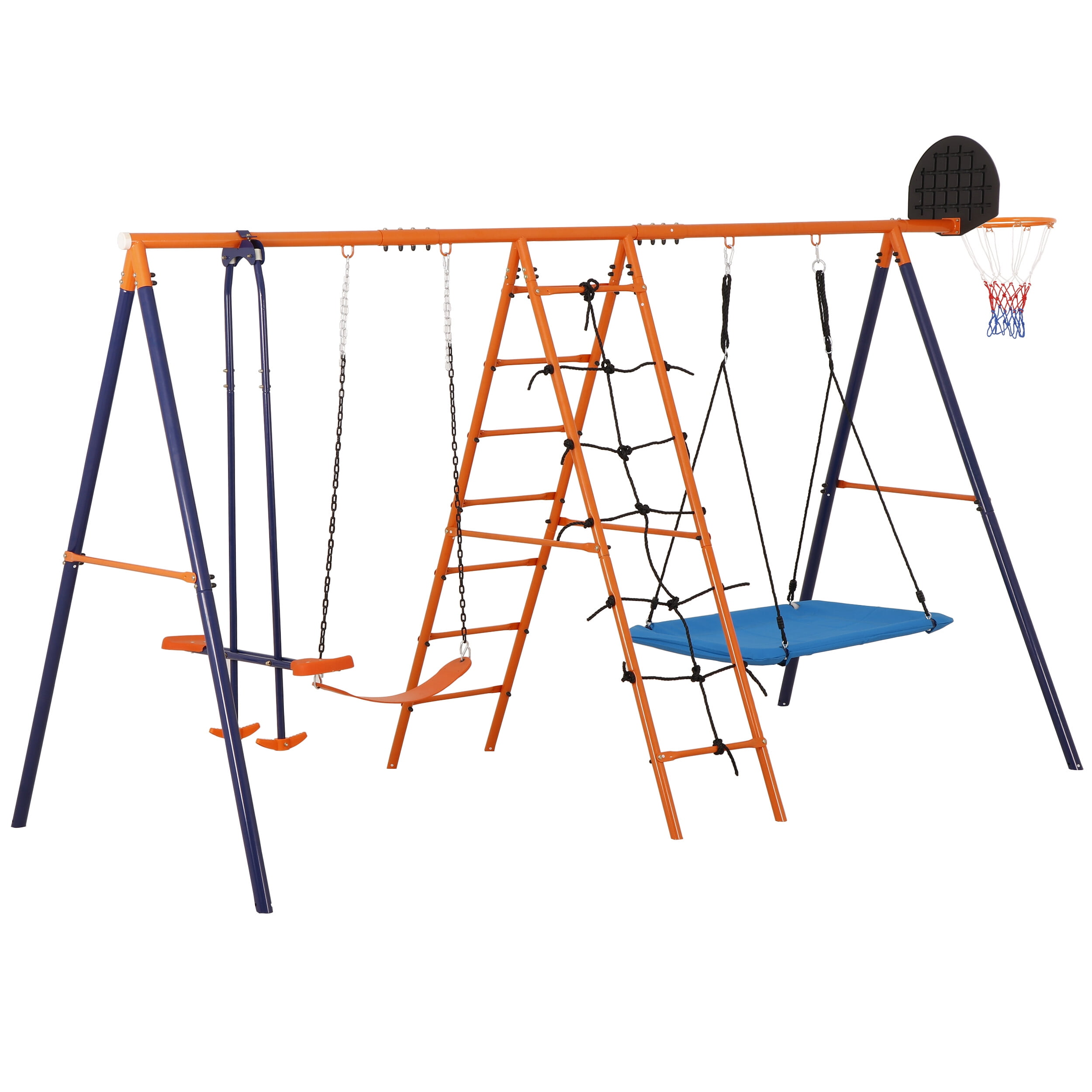 ZENSTYLE 6 in 1 Multifunctional Swing Set Steel Frame for Background with Seesaw, Basketball Rim, Climbing Ladder/Net