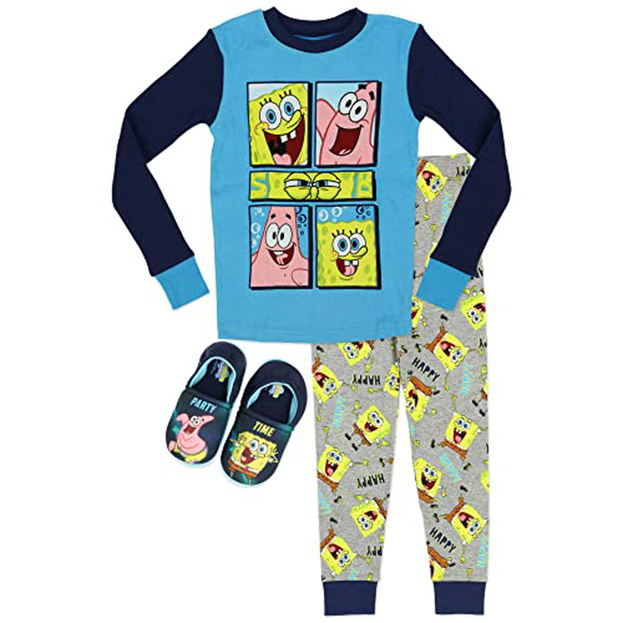 Spongebob Squarepants Boys 2 Piece Pajama Set with Slippers Size 4 Navy