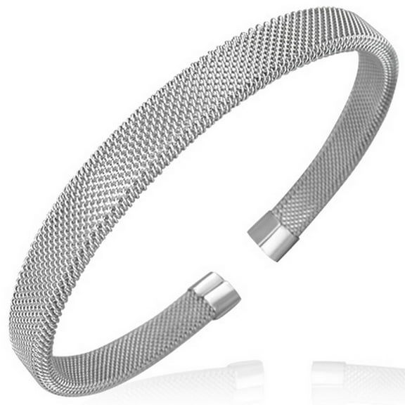 Stainless Steel Silver-Tone Mesh Cable Womens Open End Bangle Bracelet