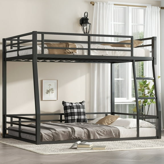 Alukang Full Over Queen Size Bunk Bed for Bed Room, Metal Low Profile Bunkbeds with Full-Length Guardrail and Ladder, Space Saving, No Boxing Spring Needed