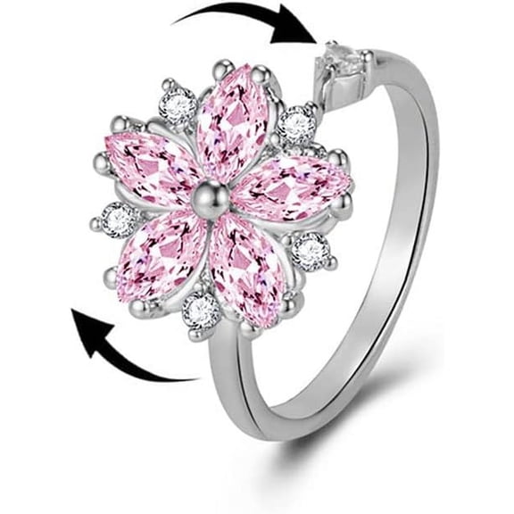 Pink CZ Flower Spinner Fidget Open Rings for Women Anxiety Rotate Stress Relief Cubic Zirconia Jewelry Adjustable Stacking Diamond Finger Ring Daughter Birthday Valentine's Day Sweet Crystal Gifts