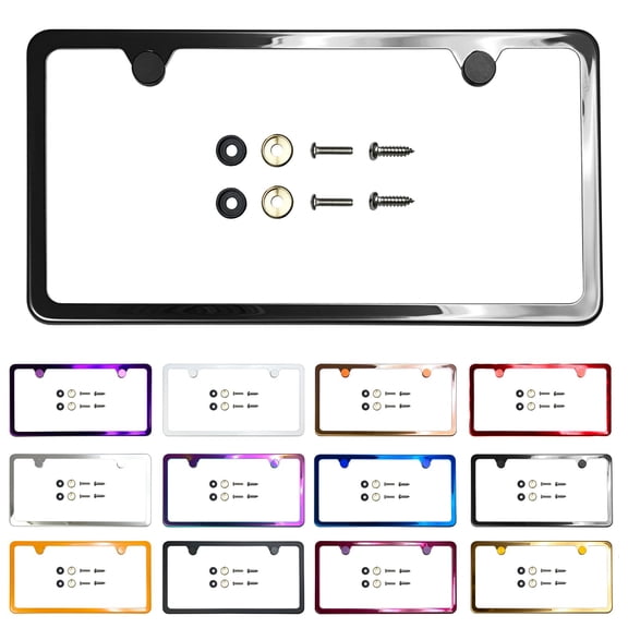 Slim 2 Holes Style Powder Coated Black Chrome Stainless Steel License Plate Frame with Aluminum Screw Cap