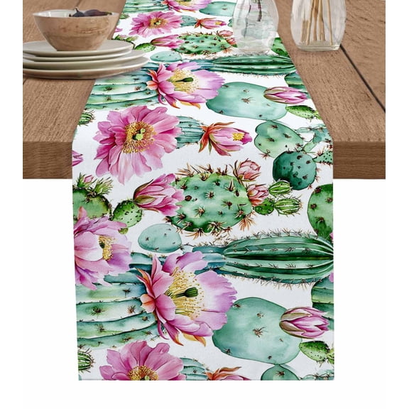 Pink Succulent Table Runner 36 Inches, Green Cactus Watercolor Pastoral Bed Runner Dresser Scarves Tabletop for Indoor Outdoor Parties/Ceremony/Banquet, 13"x 36"