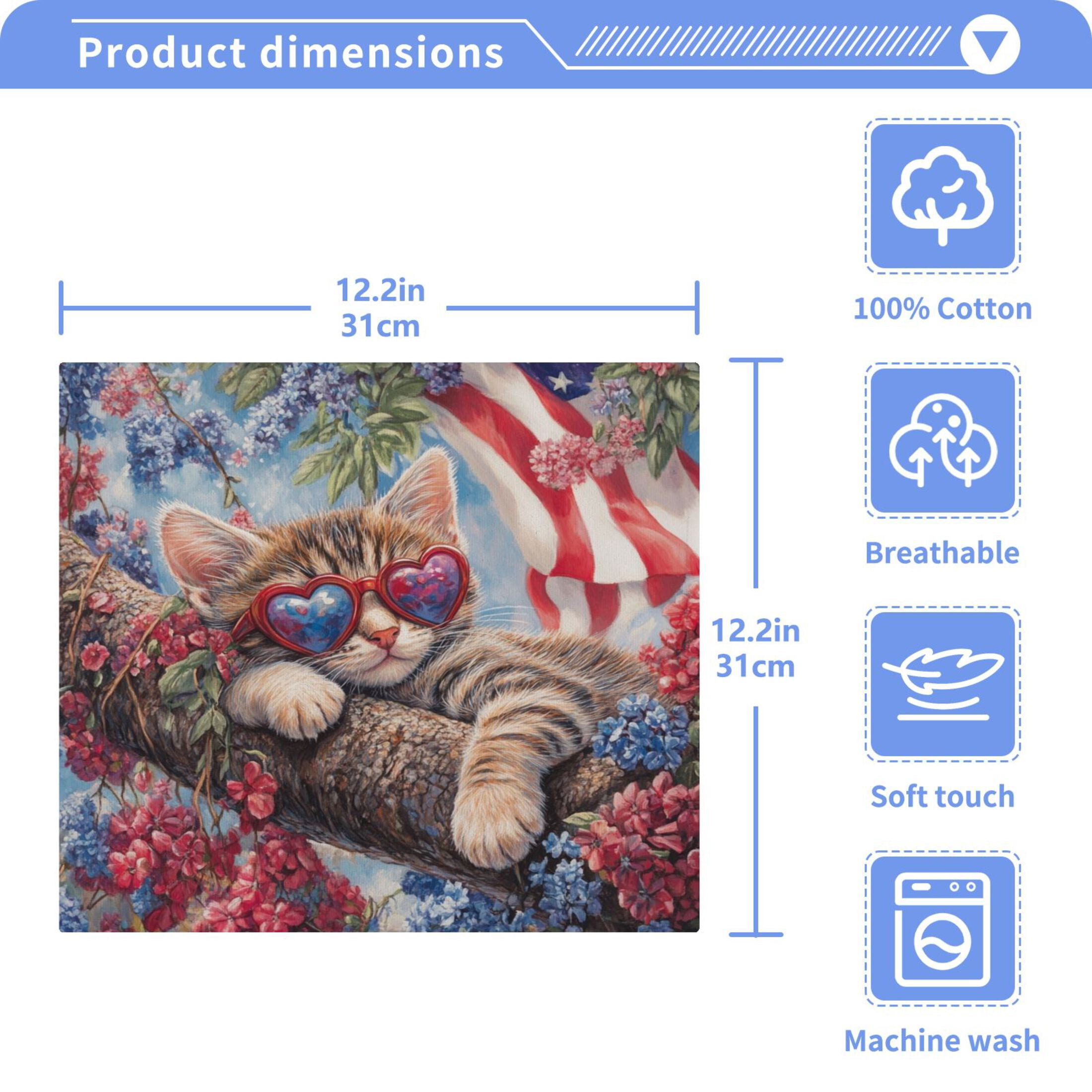 4th Of July Cat 100% Cotton Face Towel 12x12in Soft Absorbent Washcloth Durable Printed Hand Towels for Bathroom Travel 6 Pcs