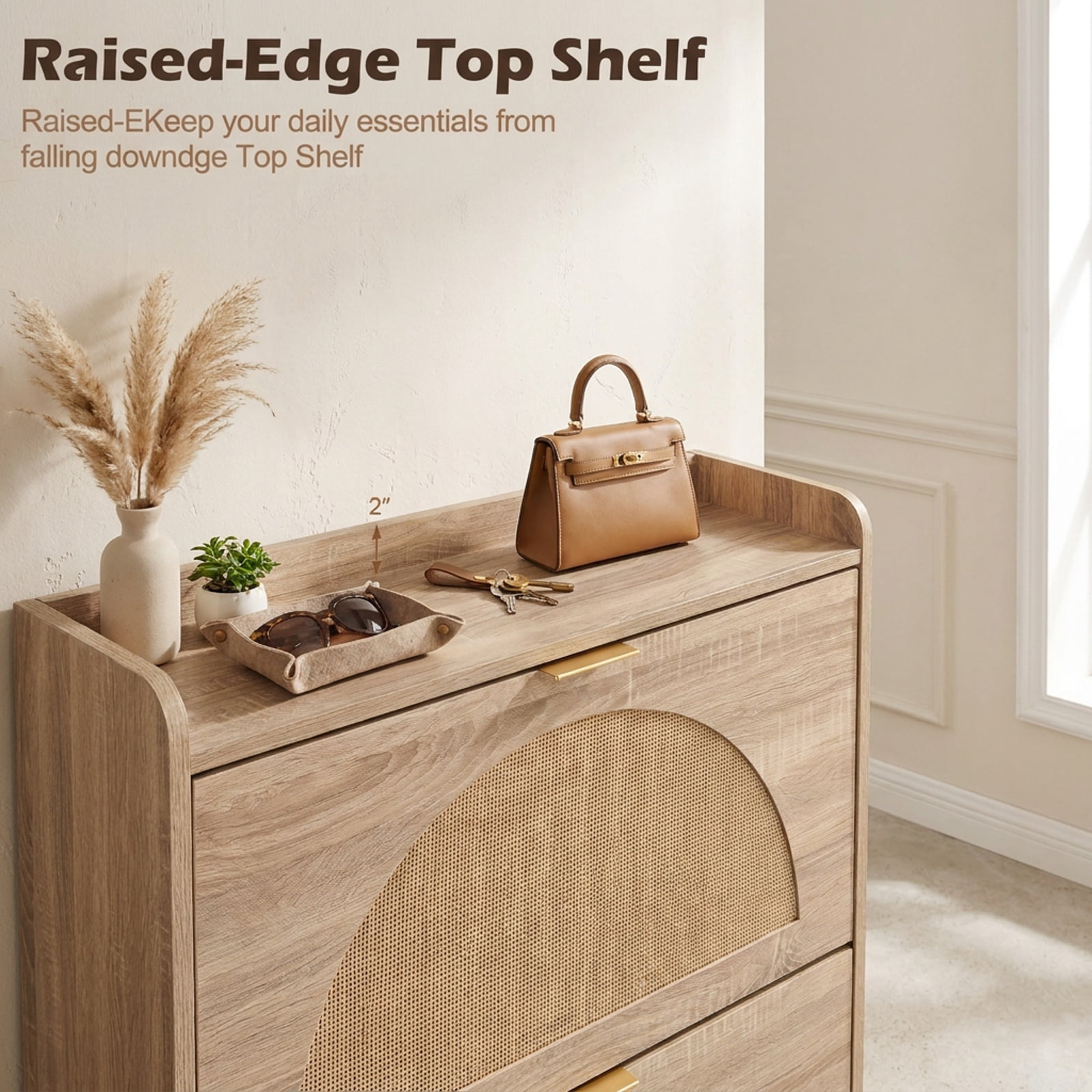 Furnibear Tall Narrow Shoe Storage Cabinet with 2 Flip Drawers Adjustable Removable Shelves and Faux Rattan Doors for Entryway and Hallway, Natural
