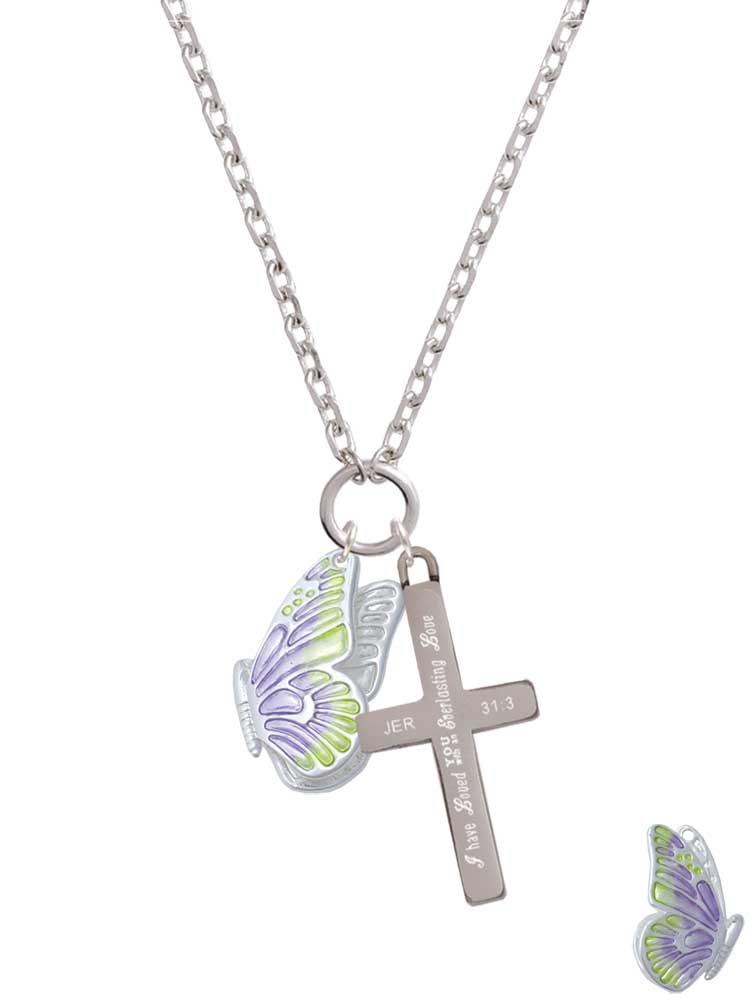Delight Jewelry Silvertone Large Translucent Purple & Lime Green Flying Butterfly Everlasting Love Engraved Cross Zoey Necklace, 28"