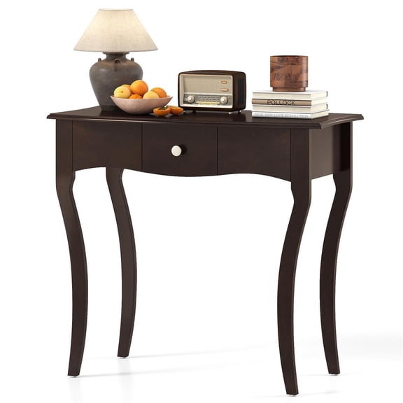 Demi Bonn Console Table with Drawer, Solid Wood Frame & Rubber Wood Legs, Espresso Brown