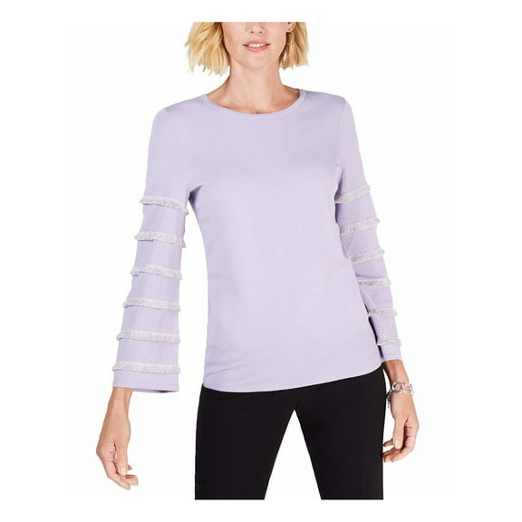 ALFANI Womens Purple Fringed Metallic Tiered Fringe Long Sleeve Crew Neck T-Shirt L