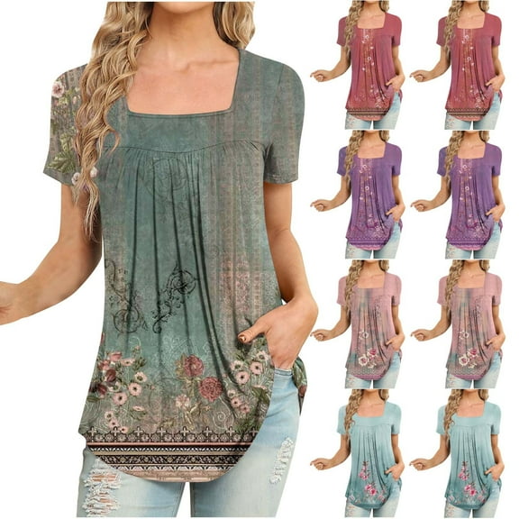 Fesfesfes Womens Shirts Casual Women Fashion Printed Casual Round-Neck Short Sleeve Loose T-Shirt Blouse Tops Red Tops for Women S(US:4)