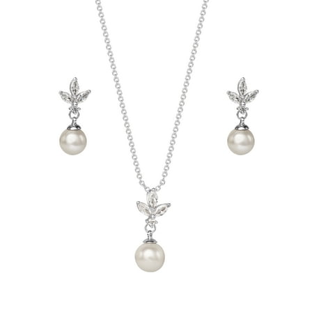 Believe By Brilliance Women's Silver Plated Cubic Zirconia and Simulated Pearl Pendant and Earring Set, 18"   2"