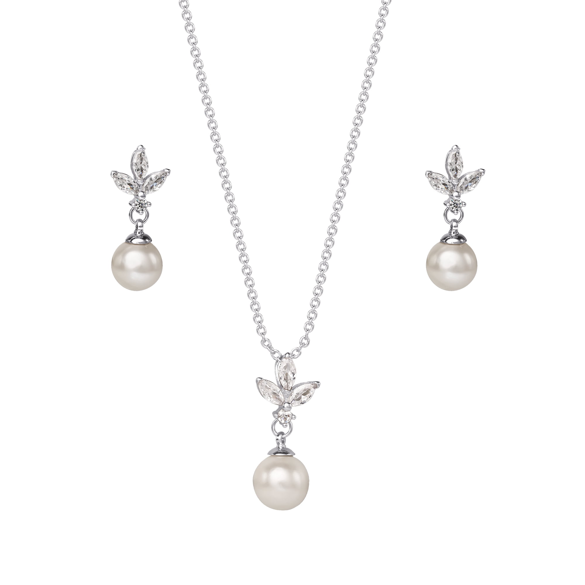 Believe By Brilliance Women's Silver Plated Cubic Zirconia and Simulated Pearl Pendant and Earring Set, 18" + 2"