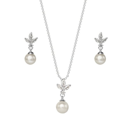 Believe By Brilliance Women's Silver Plated Cubic Zirconia and Simulated Pearl Pendant and Earring Set, 18" + 2"