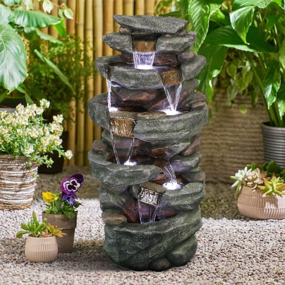 6-tier Outdoor Water Fountain with LED Light - 40.6" High Waterfall Fountain for Garden and Patio