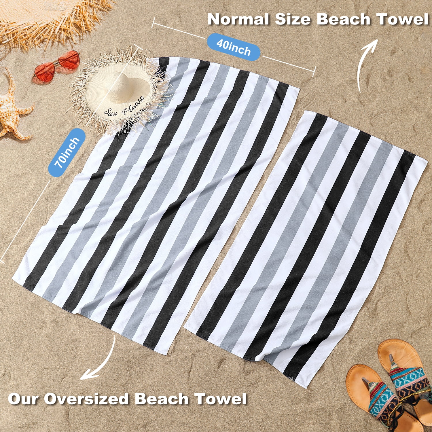 Jessy Home 4 Pack Black White Gray Oversized Beach Towel Set, 40"x70" Striped Beach Towels Super Absorbent Towels for Beach, Pool