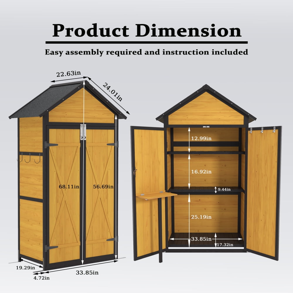 Outdoor Weatherproof Storage Cabinet: Durable Wood Garden Tool Shed with a Waterproof Roof, Lockable Doors, Removable Shelves, Foldable Table, and Hooks (69 Inches). Ideal for Yard and Patio Use