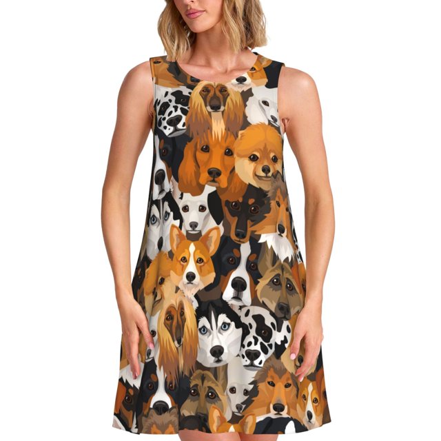 Lukts Chiens Différentes Races pour Robe Sans Manches pour Femmes, Robe d'Été à Col Rond avec Poches, Adaptée à la Vie Quotidienne, Plage, Fête