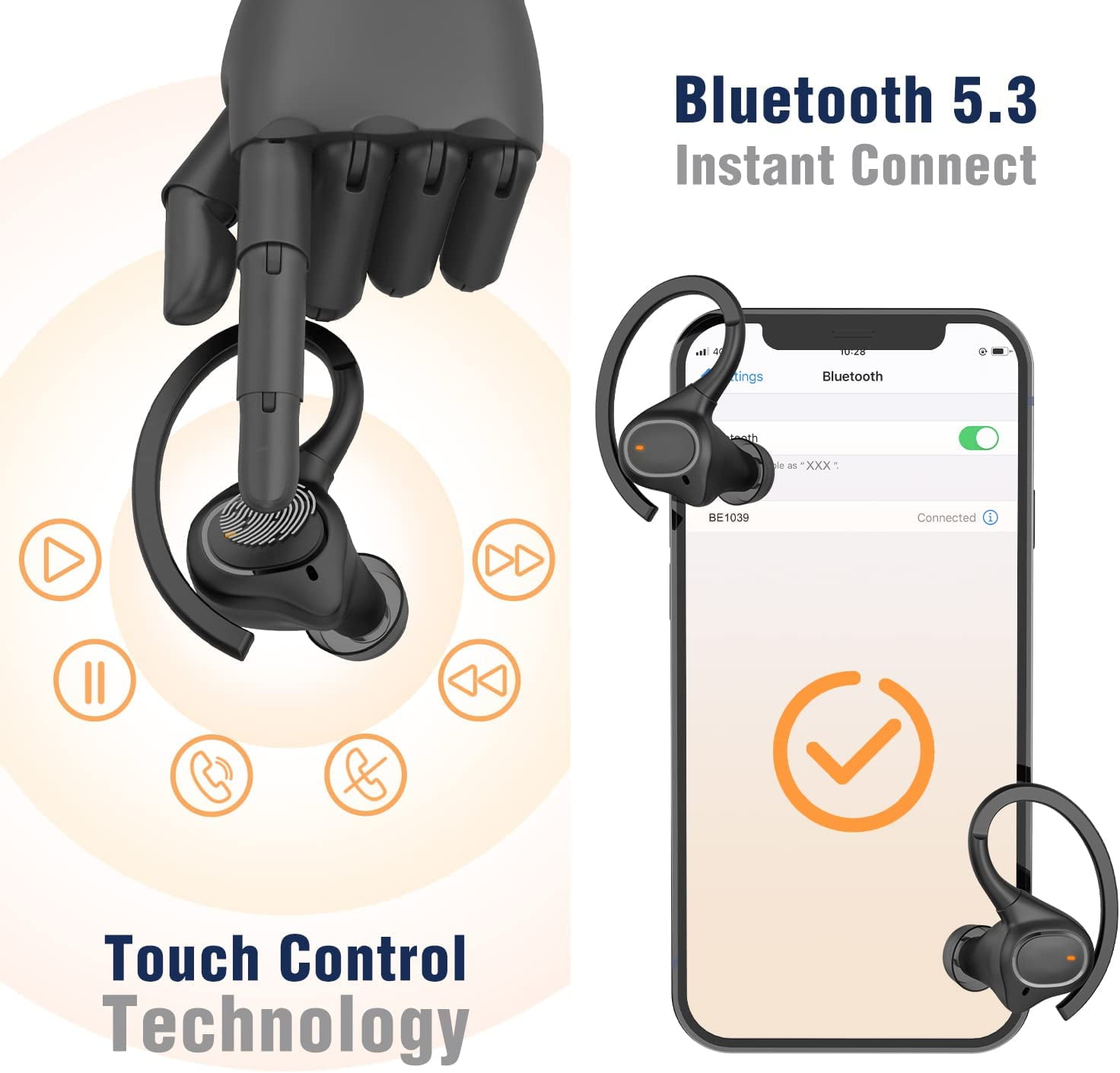 Wireless Earbuds with Earhooks for Small Ears, Mini Bluetooth Earbuds with Microphone, IPX7 Waterproof, 24H Playtime, Wireless Earphones for Sport and Working Out, Black (BE1039)